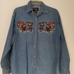 Let's Quizz Again Vintage Embroidered Skiing Bears Denim Shirt